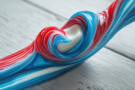Close-up of a toothpaste tube with red and blue swirls being sandwiched between two teeth on a light grey