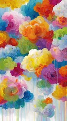Poster - abstract painting bursting with vibrant colors depicts stylized clouds, each a unique blend of hues,