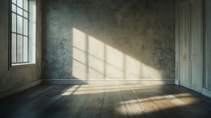 Poster - Sunlight streams into an empty room with textured walls and hardwood floors.