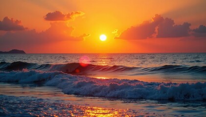 Wall Mural - Vibrant summer sunset over calm ocean Golden hour light, warm colors , red, idyllic, purple