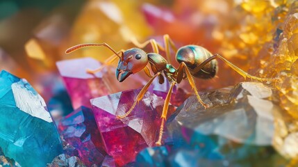 Poster - A vibrant iridescent ant stands atop a cluster of colorful crystals.