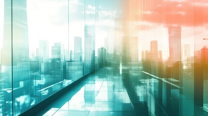 Poster - Modern Cityscape with Glass Windows and Reflections at Sunset