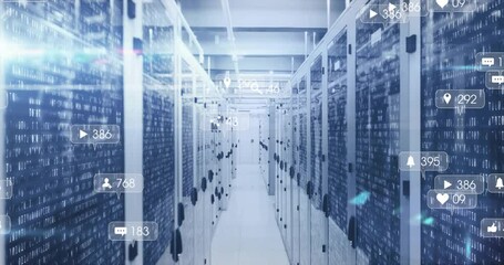 Poster - 3D render showing server cabinets lining corridor, streaming binary code with floating social icons
