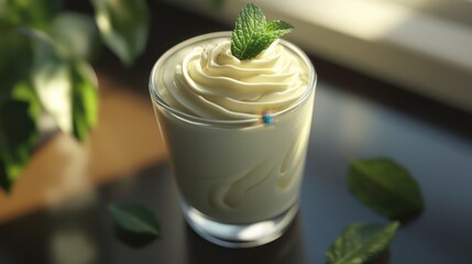 Aufkleber - Creamy dessert in glass, garnished with whipped cream and mint.