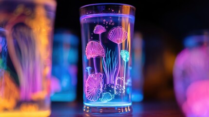 Illuminated drinking glass displaying glowing mushrooms.