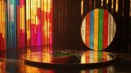 Poster - Vibrant Studio Scene with Colorful Lights and Geometric Shapes