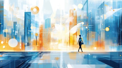 Poster - Woman Walking in Abstract Urban Landscape with Bright Colors