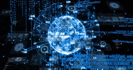 Poster - Glowing digital globe showing connected nodes alongside floating code panels and target graphics