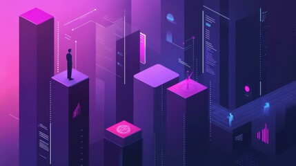 Poster - Abstract Futuristic Cityscape with Human Figure and Data Visuals