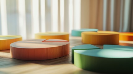 Poster - Colorful circular wooden pieces on a wooden floor with sunlight
