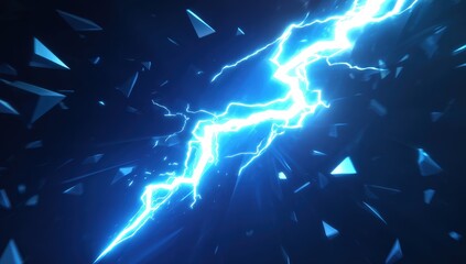 Poster - A bright blue lightning bolt shatters through a dark abstract background with glowing energy and sharp geometric fragments.