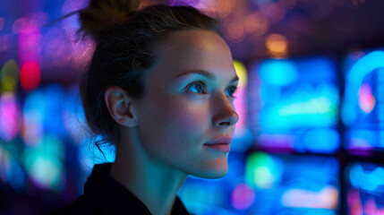 Aufkleber - Close-up of woman's profile, illuminated by blue and purple light, against a blurred background of glowing screens, conveying a futuristic or technological theme