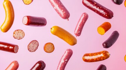 Poster - Assorted sausages of various colors and types falling on a pink background.