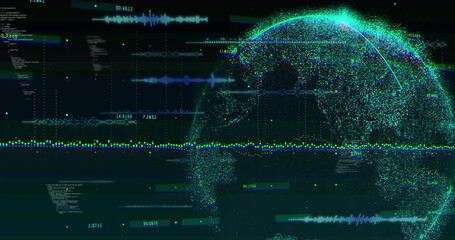 Aufkleber - Particle globe rotating in flat design dashboard, with waveform plots, numeric labels, code blocks