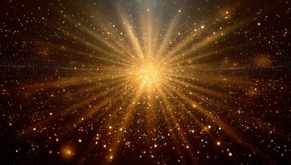 Poster - A golden burst of light radiates outward, with sparkling particles scattered across a dark background.