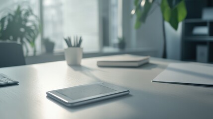 Poster - Modern Office Workspace with Tablet, Notebooks, and Green Plants