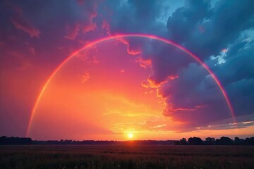Wall Mural - Vibrant rainbow arcing across a dramatic sunset sky , optical illusion, breathtaking