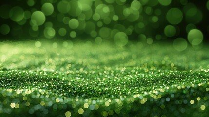 Poster - Abstract green particle bokeh on a dark green background, floating softly with depth