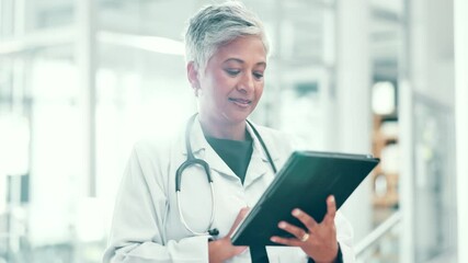 Aufkleber - Doctor, woman and typing with tablet in hospital for treatment research, telehealth or online medical advice. Medicine, flare or mature person with digital app for healthcare report or shift schedule