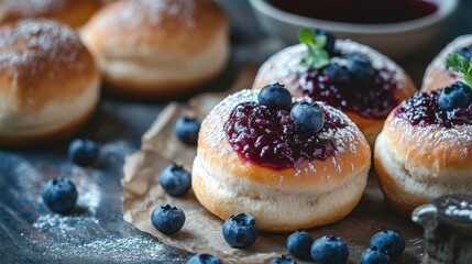 Poster - Delicious blueberry jam-filled doughnuts sprinkled with powdered sugar and fresh blueberries.