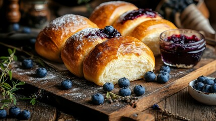 Poster - Delicious homemade blueberry buns with jam, dusted with powdered sugar, served on a rustic wooden board.