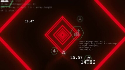 Aufkleber - Red nested diamond structure moving toward center displaying floating green hex icons and code