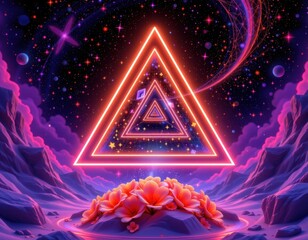 Poster - imagine a mesmerizing 3d illustration of a symmetrical triangular neon portal suspended in a vast expanse of vibrant purple space, within the portal