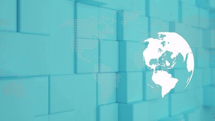 Poster - White globe being highlighted on turquoise 3D cube wall, dotted world map emphasizing network