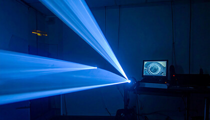 Poster - Bright blue light beams cut through the darkness, illuminating a modern experiment. Concept for innovation, technology, or a breakthrough in science. Dark, moody, powerful.