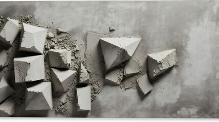 Poster - Abstract composition of geometric concrete shapes and dust, creating a minimalist, neutral,