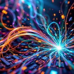 Poster - imagine a mesmerizing scene where a multitude of vibrant optical fibers burst forth from the depths of a mysterious technological realm