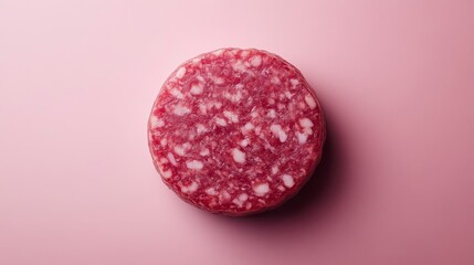 Poster - Single slice of salami on pink background.