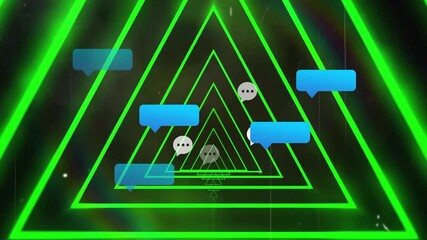 Poster - Blue gray chat bubbles floating through neon green triangle tunnel, creating digital composition