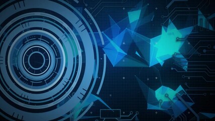 Fototapete - Concentric circular interface spinning on dark blue grid showing floating code and polygonal shapes