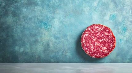 Poster - Single slice of salami on a teal background with copy space.