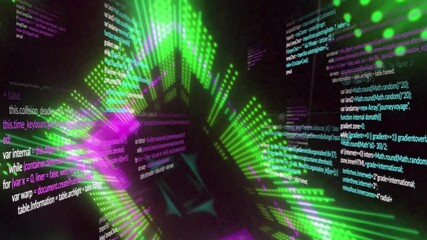Aufkleber - Central neon green and purple code patterns being visualized in 3D space with drifting fragments