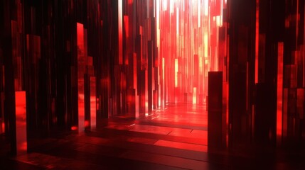 Leinwandbilder - Abstract Red Light Tunnel with Vertical Lines and Reflections