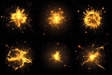 Poster - series of yellow fireworks are shown in a black background. The fireworks are scattered throughout the image, with some closer to the foreground and others further back