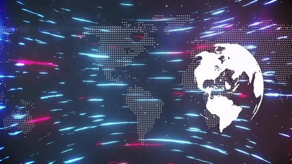 Poster - Digital globe silhouette moving alongside neon color trails dotted map streaming over dark backdrop