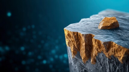Poster - Stunning Rock Formation with Golden Edges on a Covered Surface Against a Soft Blue Background