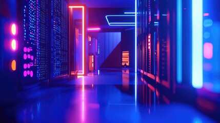 Poster - Dimly lit server corridor with radiant purple and blue lights, showcasing a secure, high-performance cloud infrastructure, great for illustrating data technology and hosting solutions