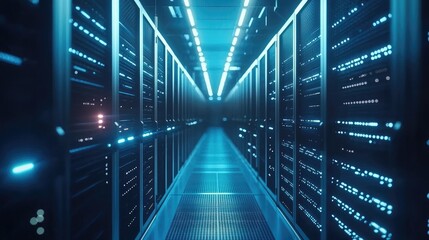 Poster - High-tech server room corridor with evenly spaced ceiling lights and sleek reflective floors, ideal for futuristic data environments, network visualization, and cloud storage design