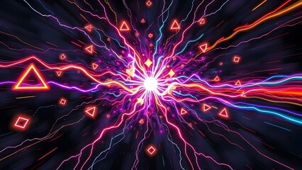 Aufkleber - fireworks on a black background  | Abstract neon light explosion with triangles and squares creating a vibrant energy tunnel effect