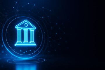 Aufkleber - Glowing digital bank icon with pillars and triangle roof on futuristic abstract background with circular light effects and dark blue technology theme.