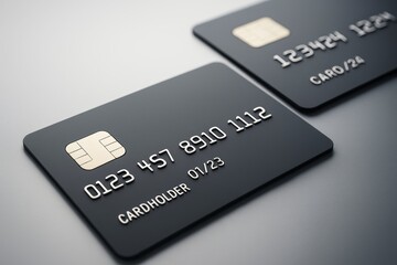 Poster - Close-up of two modern black credit cards with metallic chip and embossed numbers placed on a smooth gradient light background surface.