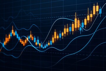 Poster - Colorful candlestick chart with glowing trend lines on dark background showing financial growth concept in modern business style.
