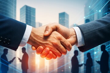 Poster - Business handshake in modern cityscape with silhouettes, digital light effects, and abstract background symbolizing corporate partnership success.