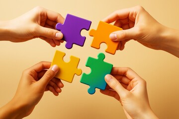 Poster - Four hands holding colorful puzzle pieces symbolizing teamwork and collaboration on a light abstract background in business concept setting.