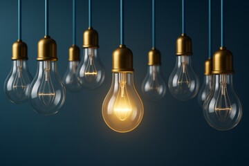 Poster - Multiple hanging light bulbs with one illuminated on dark blue background symbolizing creative business innovation and bright ideas concept.