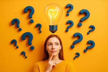 Poster - Thoughtful woman surrounded by question marks with light bulb above head symbolizing idea, on vibrant yellow background as business concept.